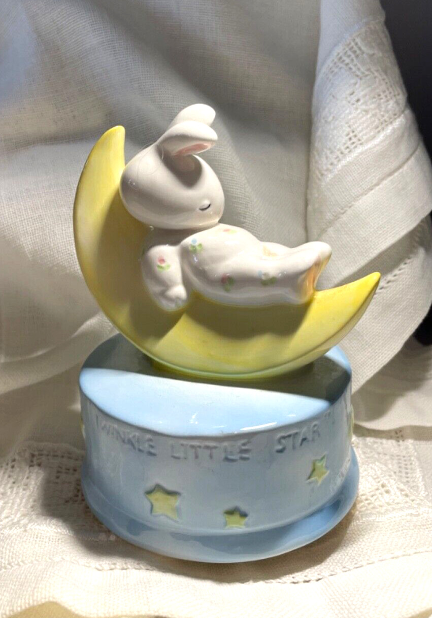 Vintage, ceramic music box, bunny sitting on  the moon Twinkle, twinkle