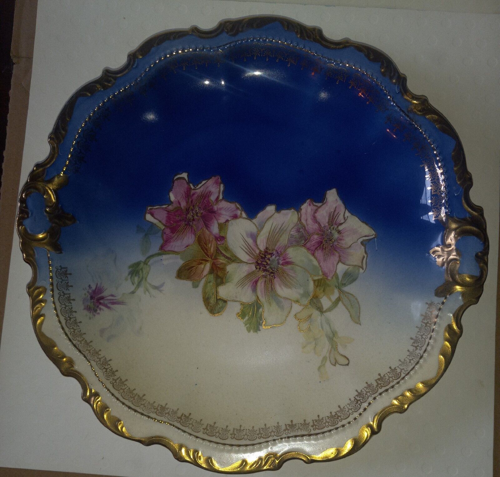  Empire China Large Vintage Cobalt Blue Plate/Platter Gold Trim Floral  10.5”in 