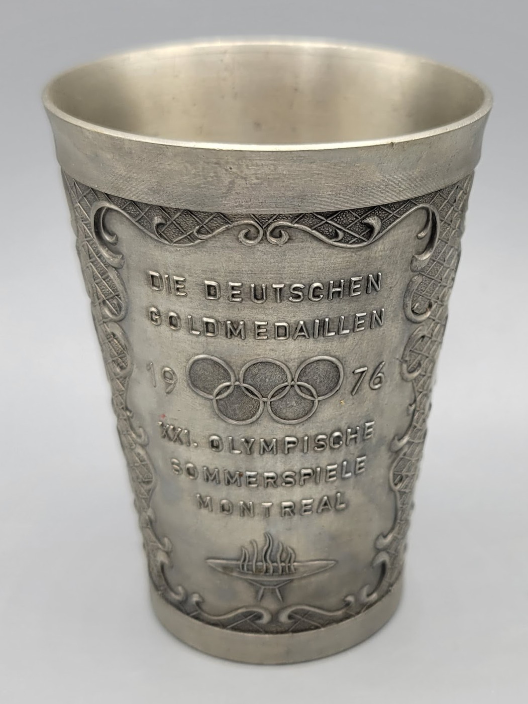 Rein ZINN Becker Olympics Stuttgart German Pewter Wine Cup Glass Embossed Mug