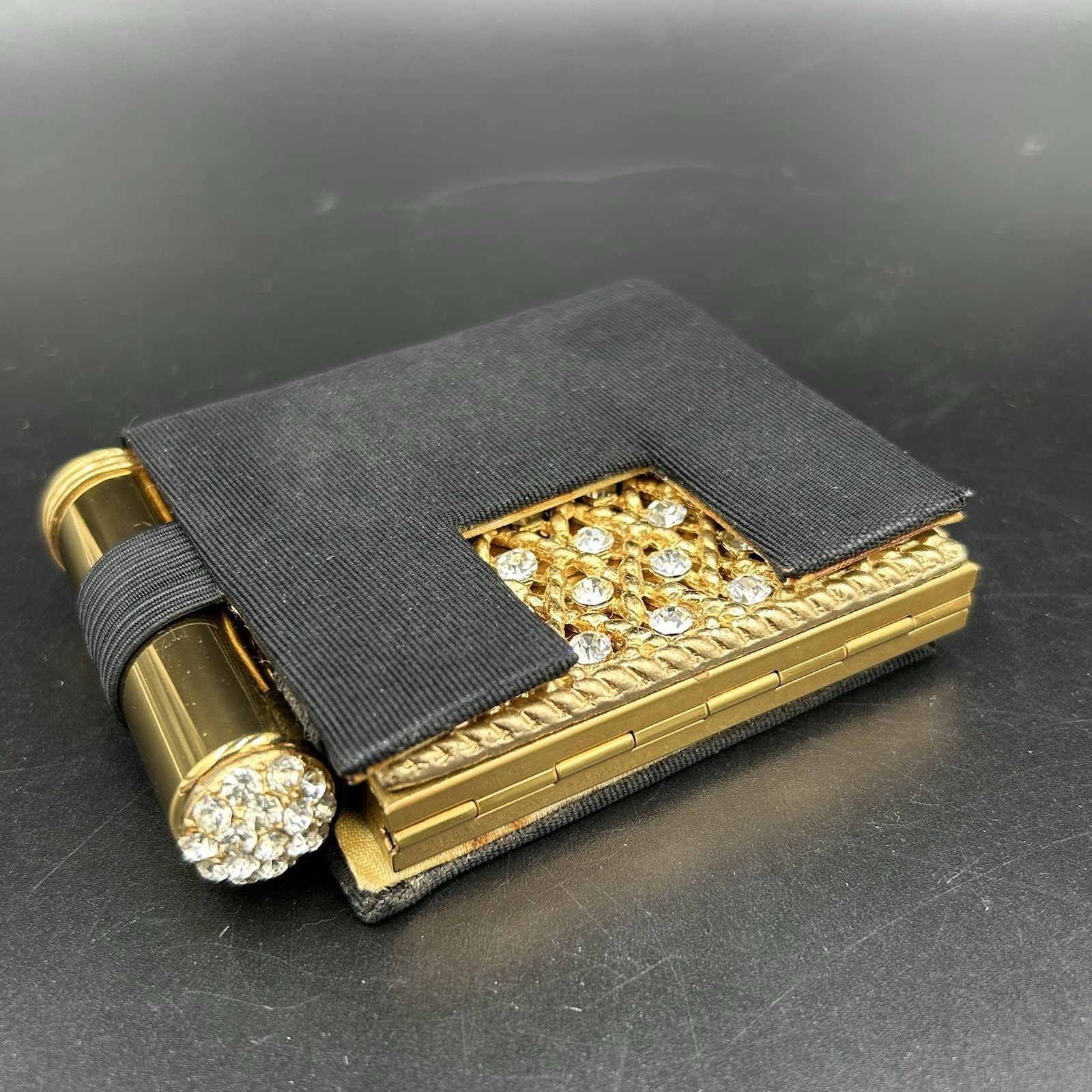 S&H Fifth Ave Rhinestone Mirror Compact Lipstick Holder Set Gold Case 1950s