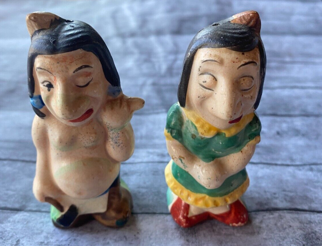 Vintage Native American Indian Winking Couple Salt & Pepper Shakers Japan 1940s