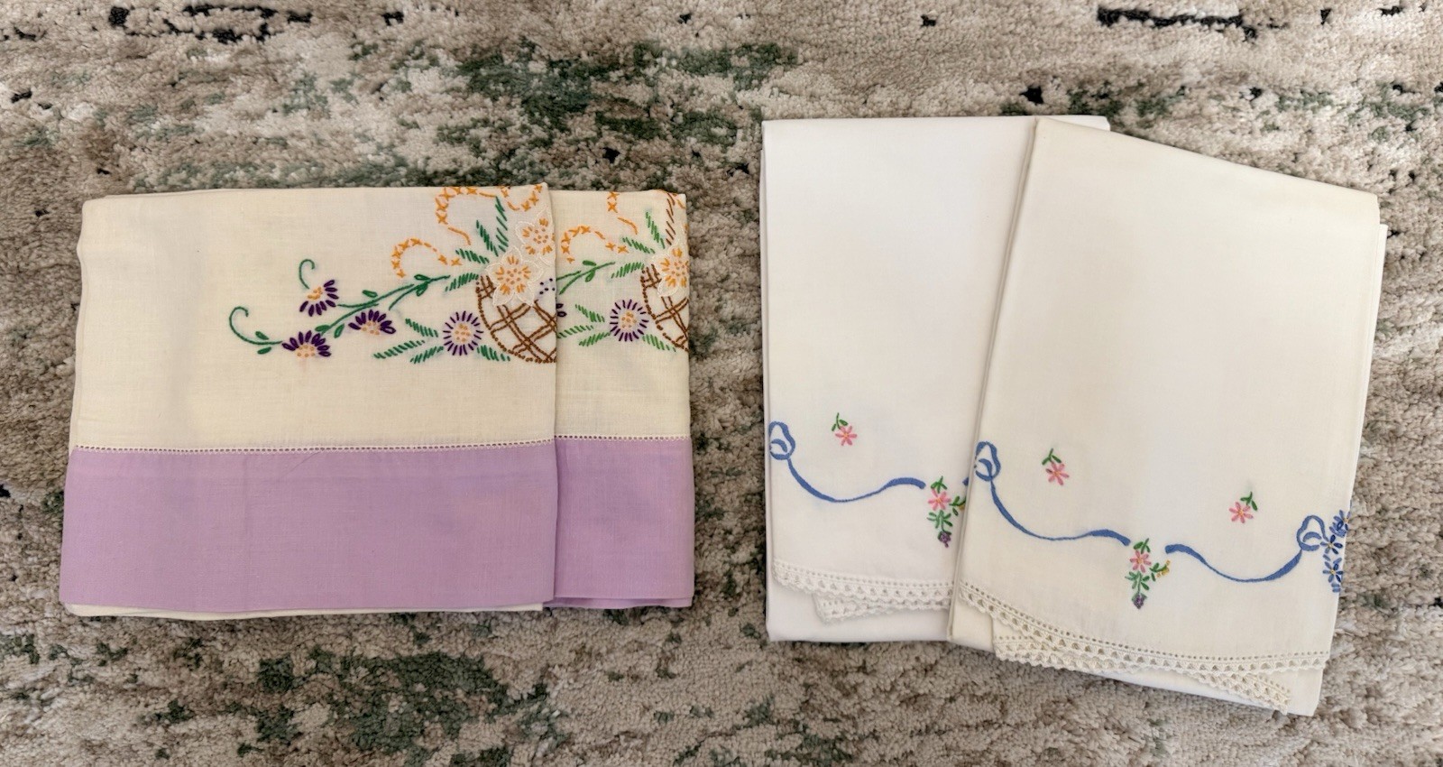 Vintage Set x 2 of Hand Embroidered Pillowcases Flowers Both Different