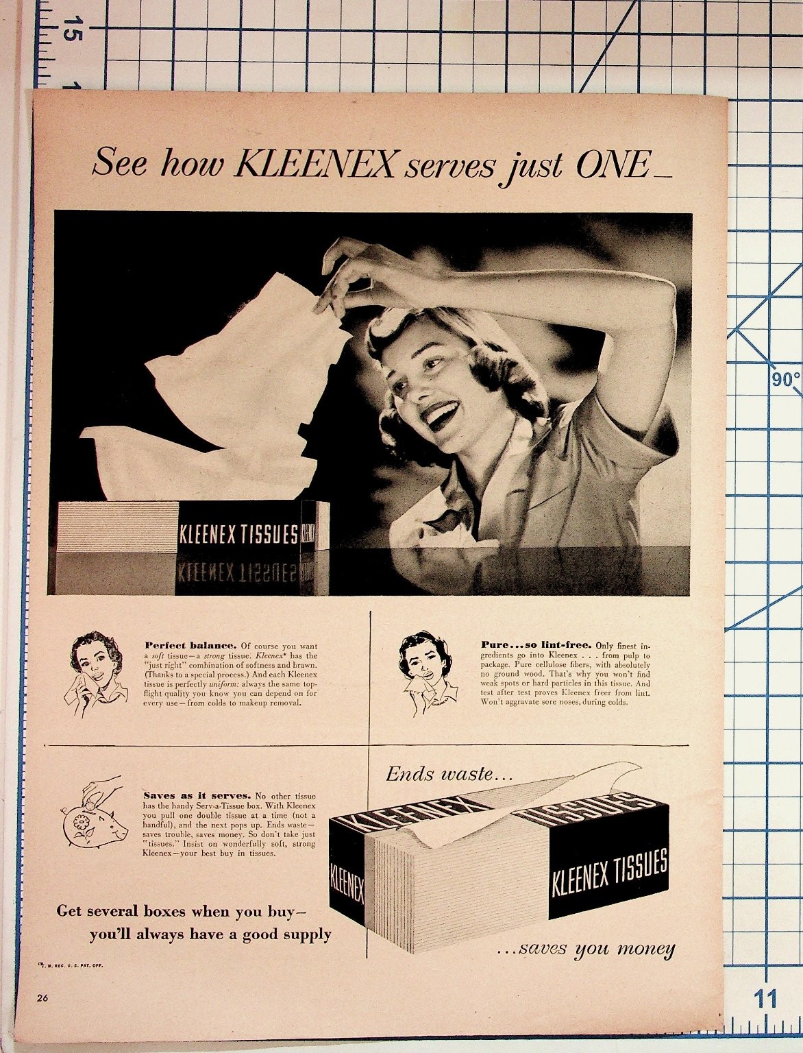 Vintage 1940s 50s Kleenex Tissues Magazine Ad Woman Piggy Bank Ephemera