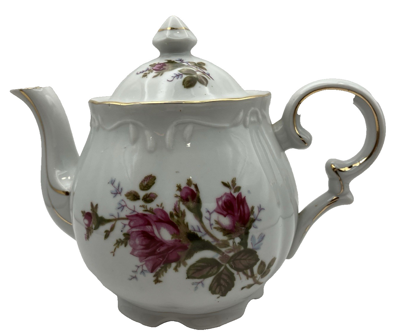 Vintage Moss Rose Porcelain Musical Teapot Music Box Japan Gold Trim Works