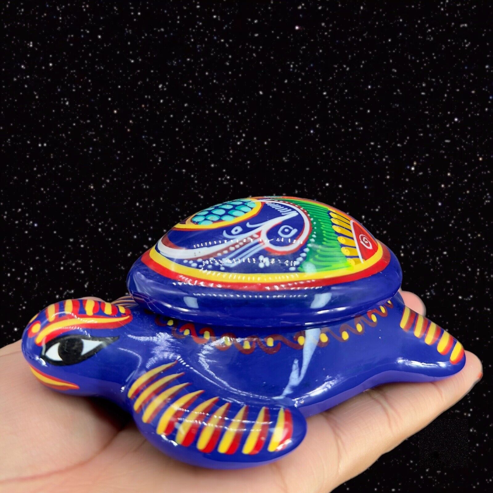 Mexico Pottery Turtle Trinket Dish W Lid Hand Painted Reptile Jewelry Box VTG