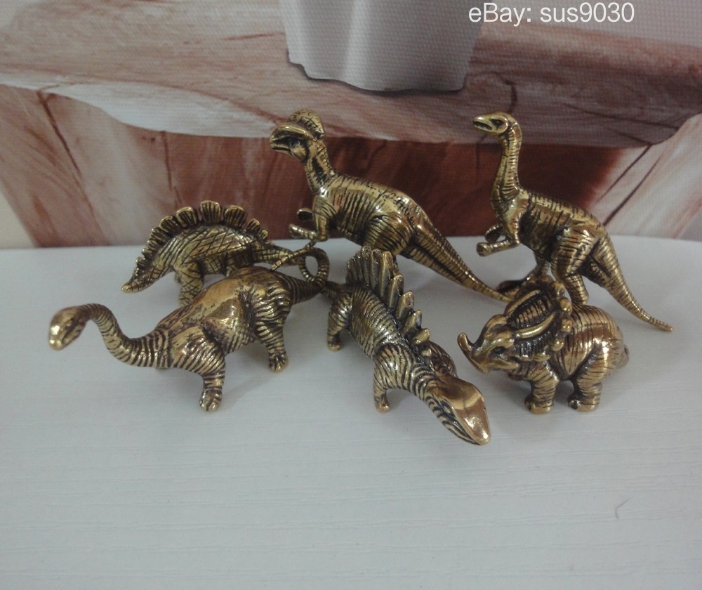 6pcs Vintage Solid Brass Dinosaurs Figurines Miniature Sculptures & Gift Box