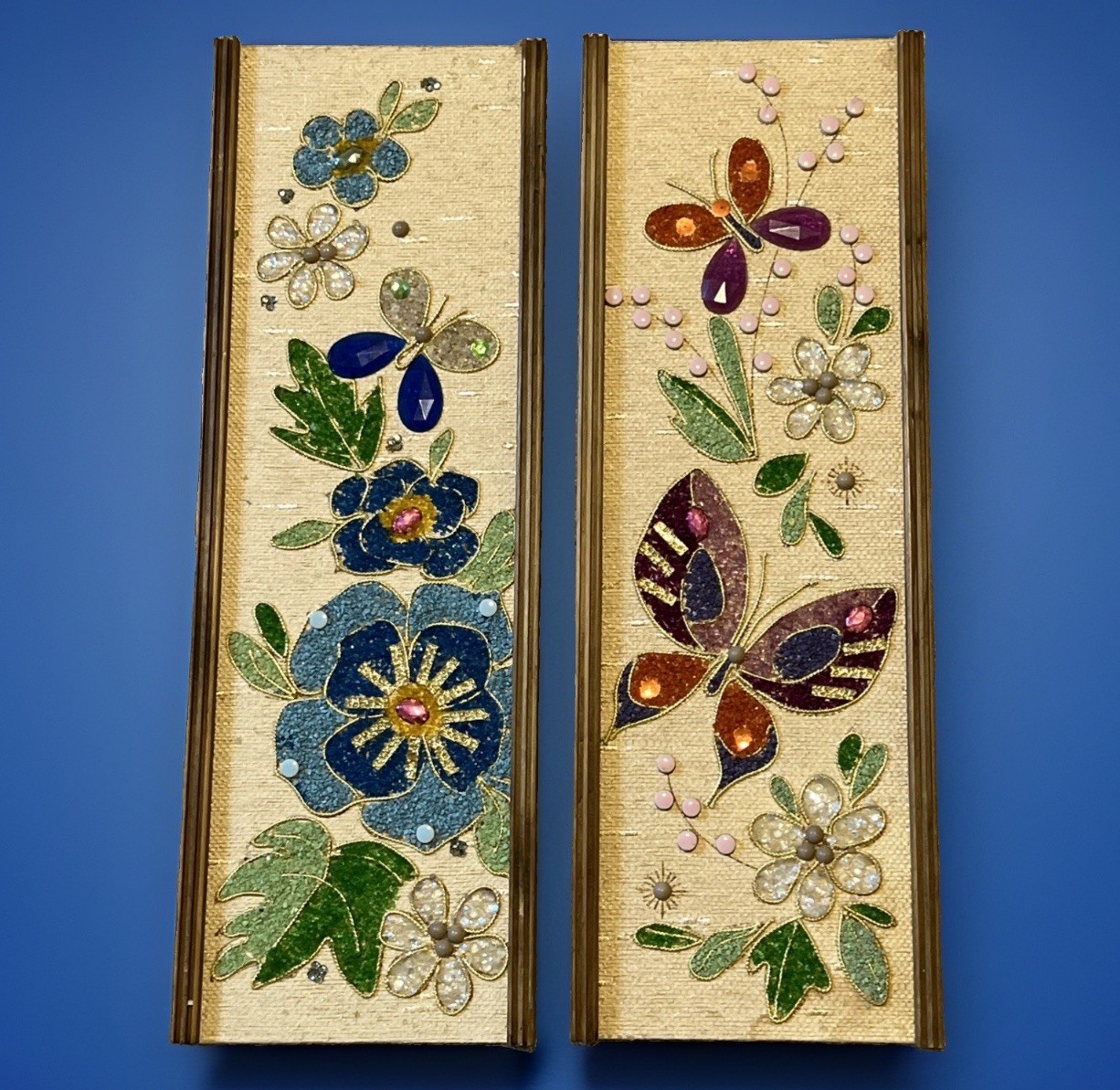 Vtg Gravel Pebble Art Butterflies Mosaic Wall Hanging Decor MCM Set Flowers 1970