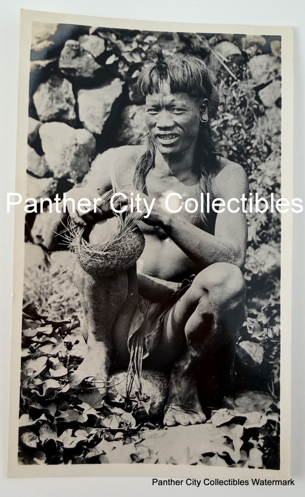 Original WWII Era Philippines Photograph Native Indigenous Man With Woven Basket