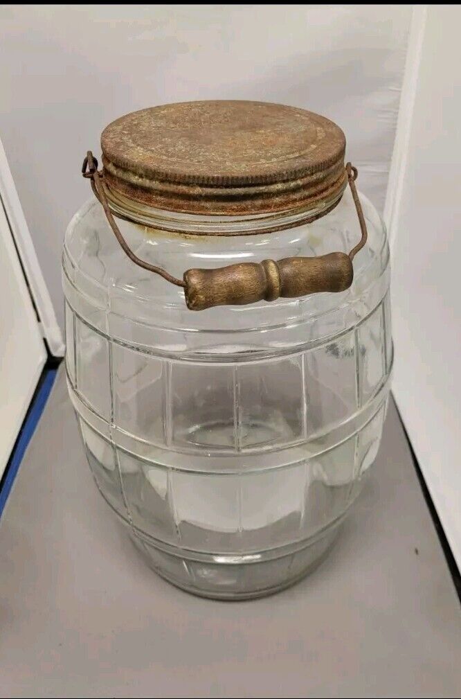 Vintage  Pickle Jar with Wooden Handle And Metal Screw Off Top
