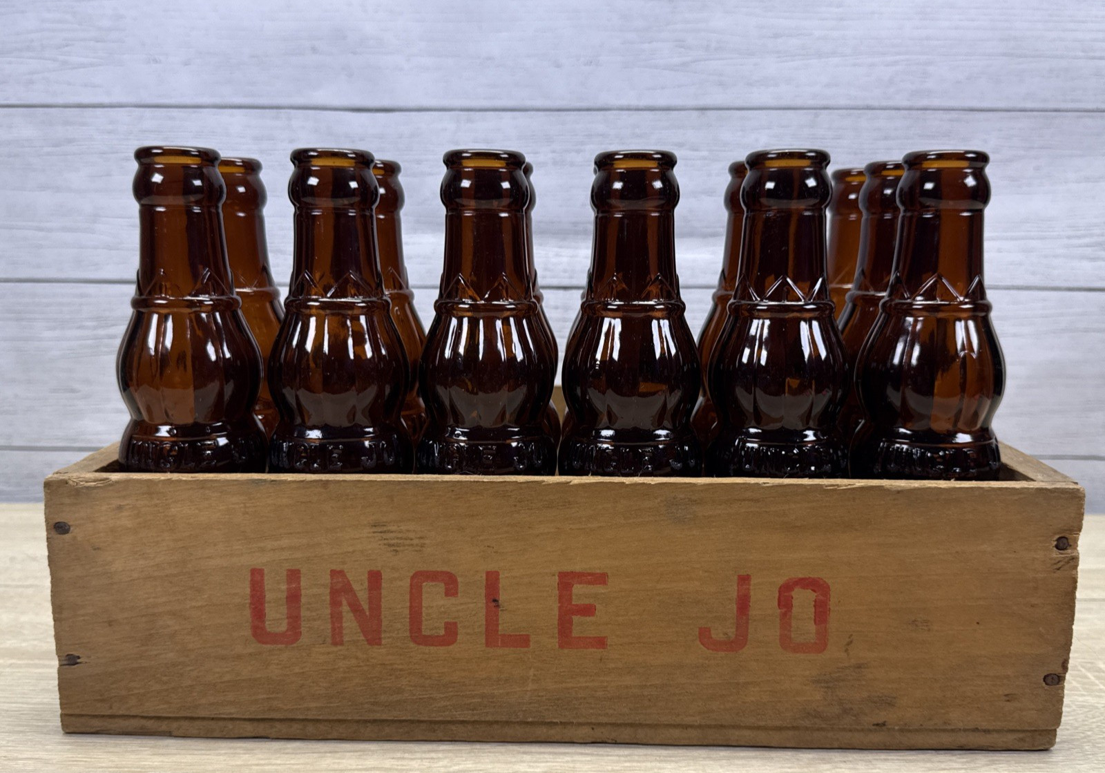 Uncle Jo Brown Glass Bottles (13) 4 oz. Antique Wood Crate RARE 1920s Fort Worth