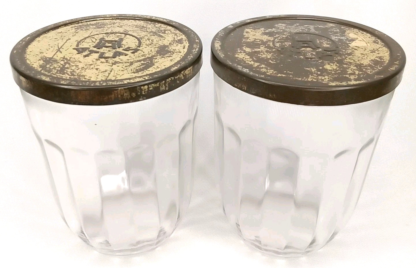Antique Hazel Atlas Jelly Jar Glass With Gold lMetal Lid Set Of 2 Made In USA