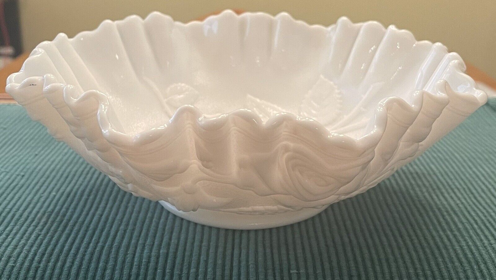 Vintage Imperial Milk Glass Crimped Bowl with Raised Roses & Leaves Design