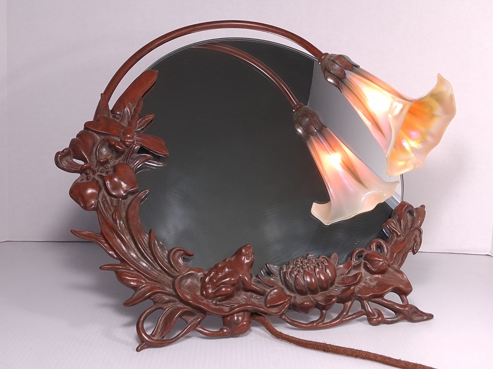 RARE Atq Tiffany Studios Art Nouveau Bronze Frog Lamp Mirror 1900s Signed LCT