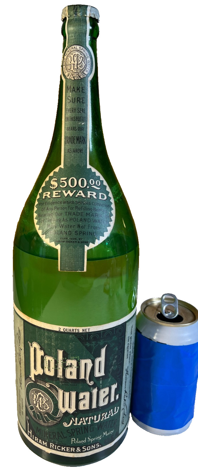 Antique 1926 Poland Spring Maine Sealed 2 Quart Mineral Water Label Bottle FULL