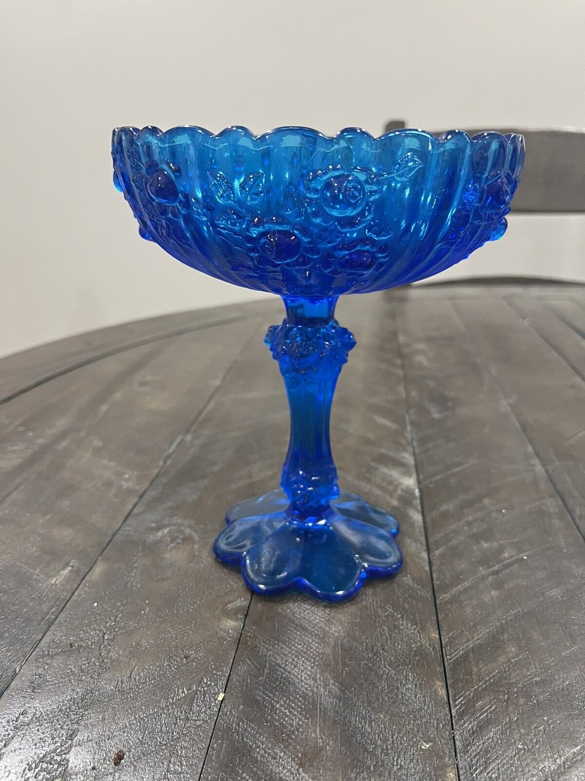 Vintage Fenton Colonial Blue Glass Compote Cabbage Rose Pedestal Candy Relish