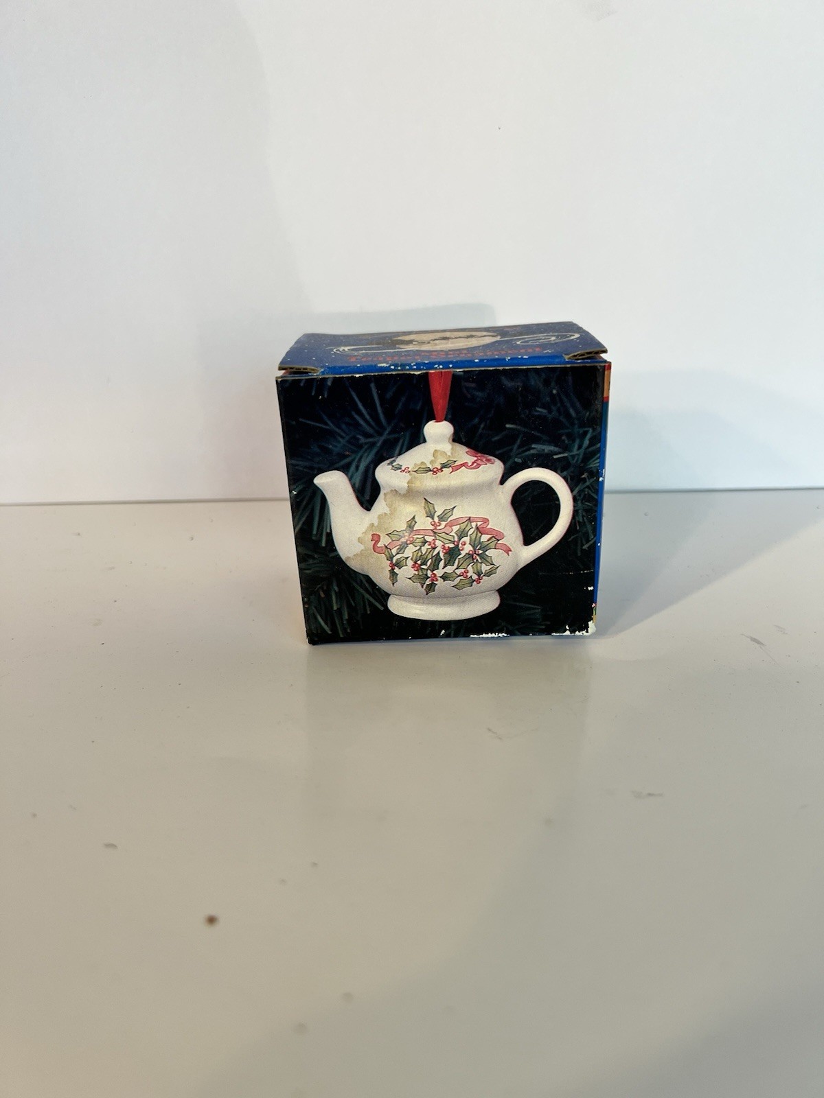 VTG Papel S Claus & Co Mini Teapot Christmas Ornament Holly Ribbon W Box