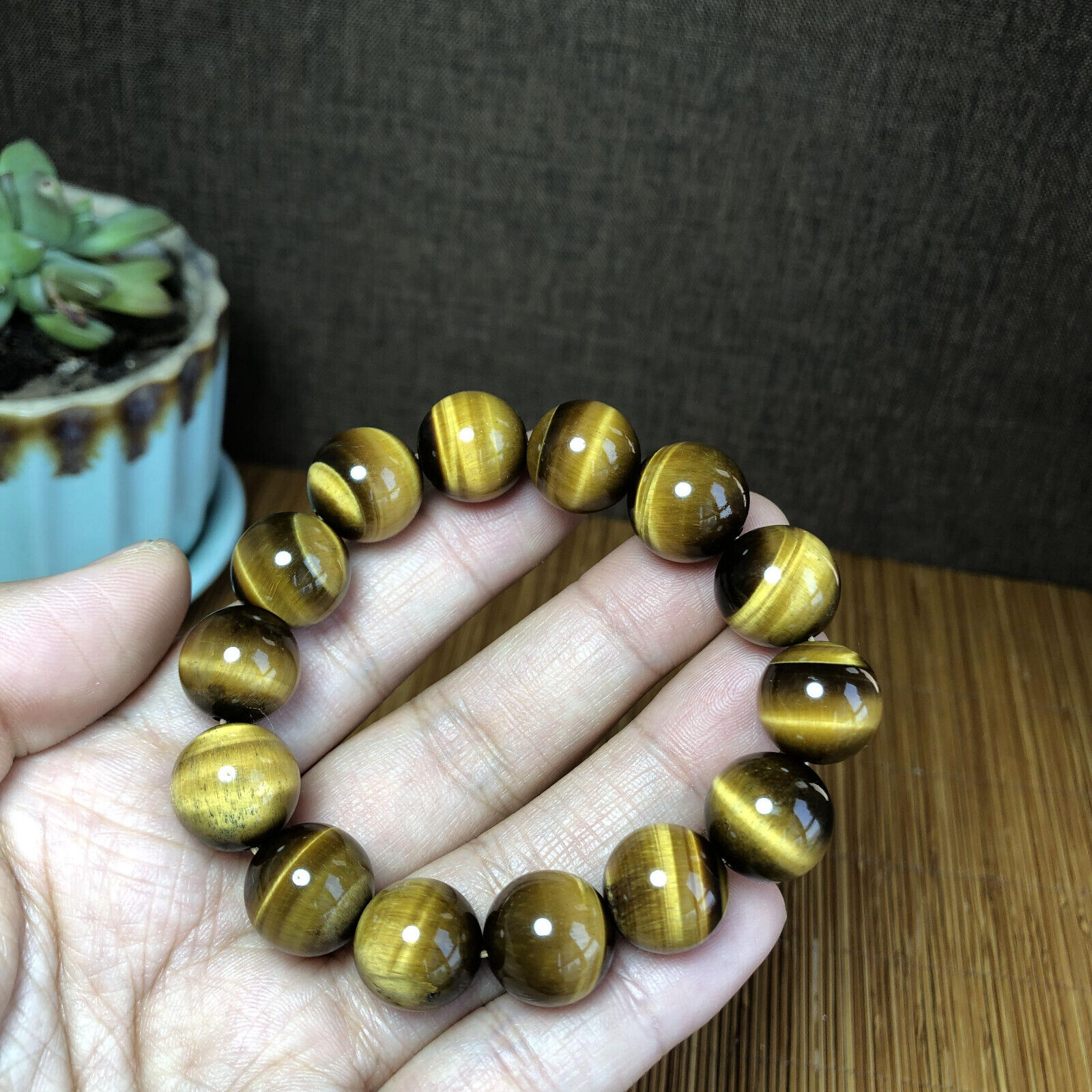14mm Natural Polished Yellow Tiger  bracelets Crystal ball sphere Specimen A1284