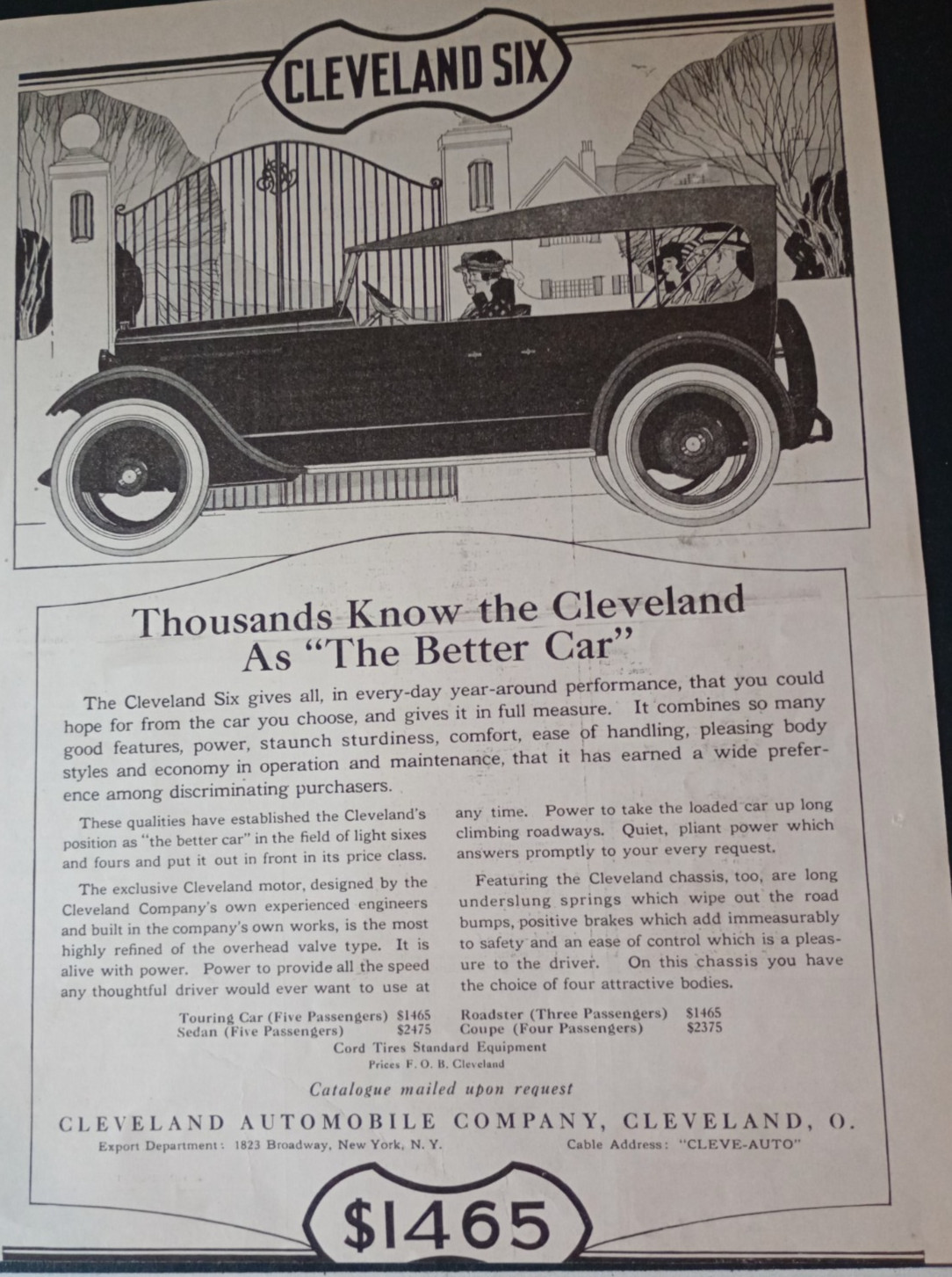Cleveland Six Sedan/Tour Vintage Car April 1921Ad Literary Digest
