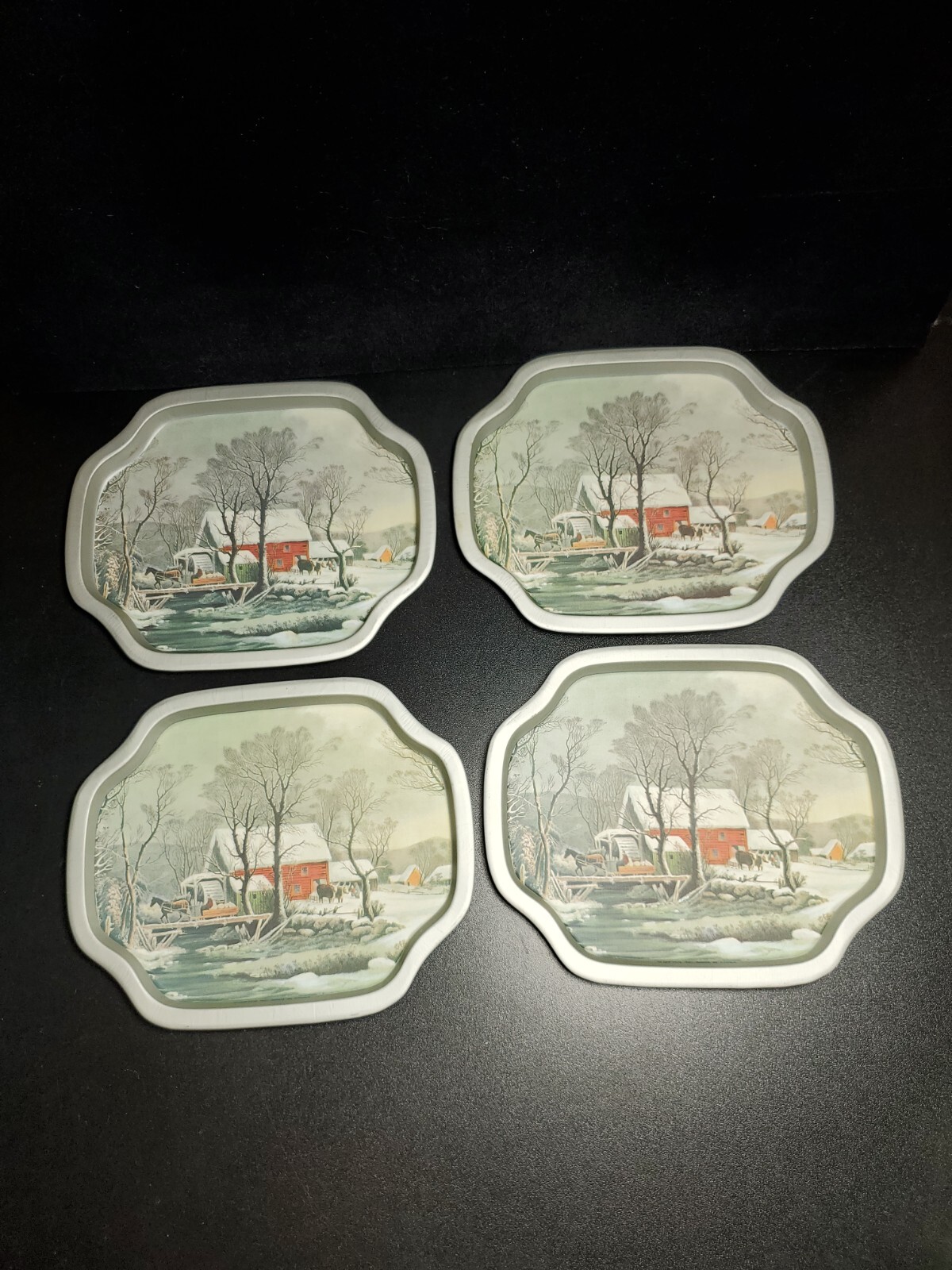 Giftco Currier & Ives Metal Snack trays set of 4 Winter Farm Scene Red Barn