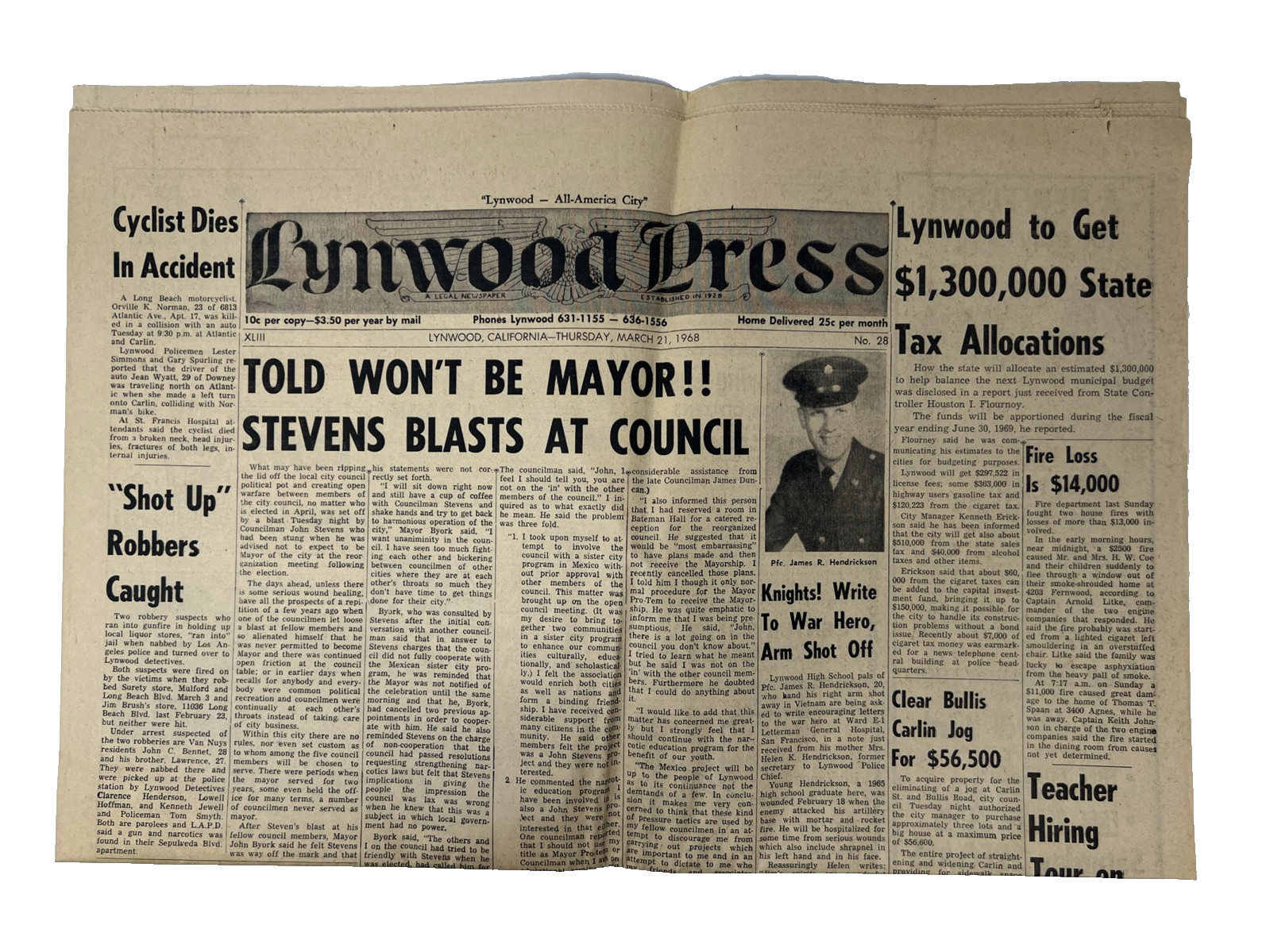 Vintage Lynwood Press Newspaper - March 7, 1968 - Historical Collectible