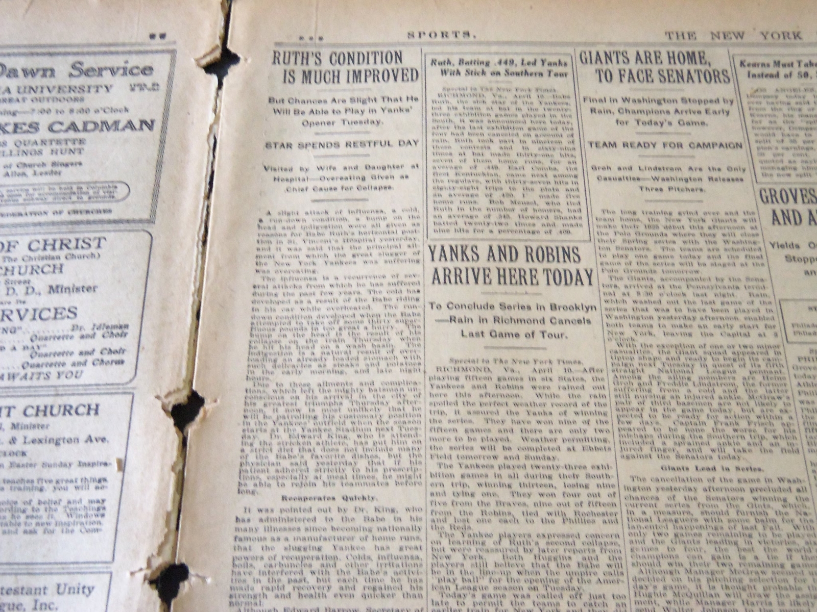 1925 APRIL 11 NEW YORK TIMES - RUTH'S CONDITION IS MUCH IMPROVED - NT 5435
