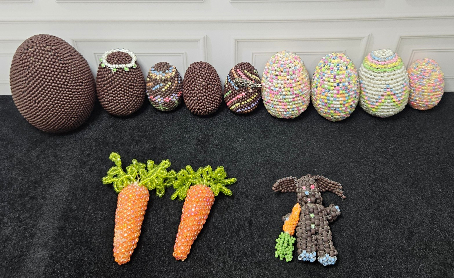 Vintage Hand Beaded Wood Easter Egg Lot Seed Bead Wrapped Bunny Pin Carrots
