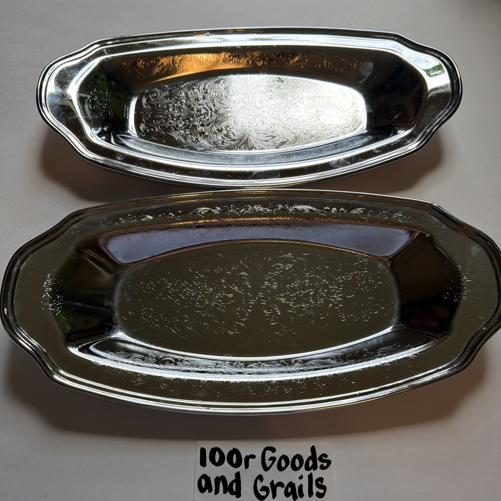 Vintage Irvinware Chrome Bread Tray 13x6.5 Etched Floral Damask Serving Relish