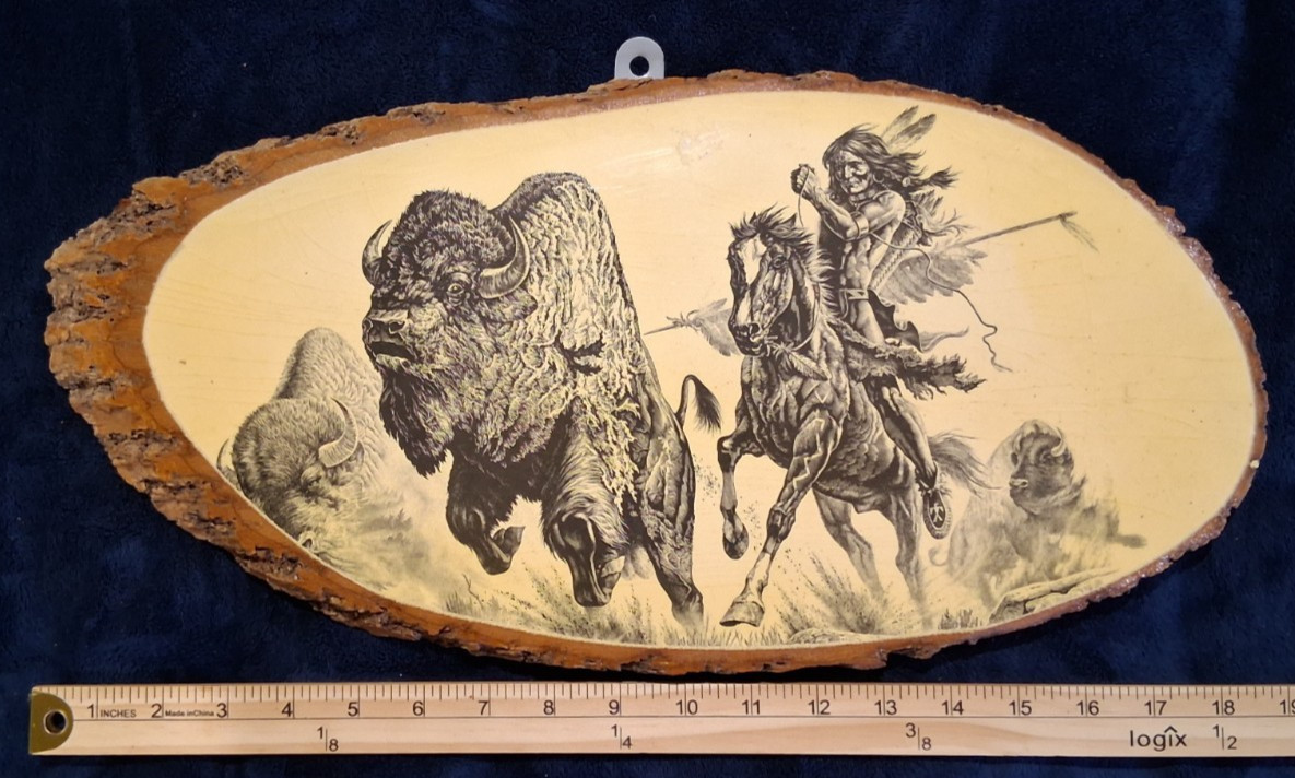 Vintage Native American Buffalo Hunt Wood Slice Wall Art Decoupage Plaque