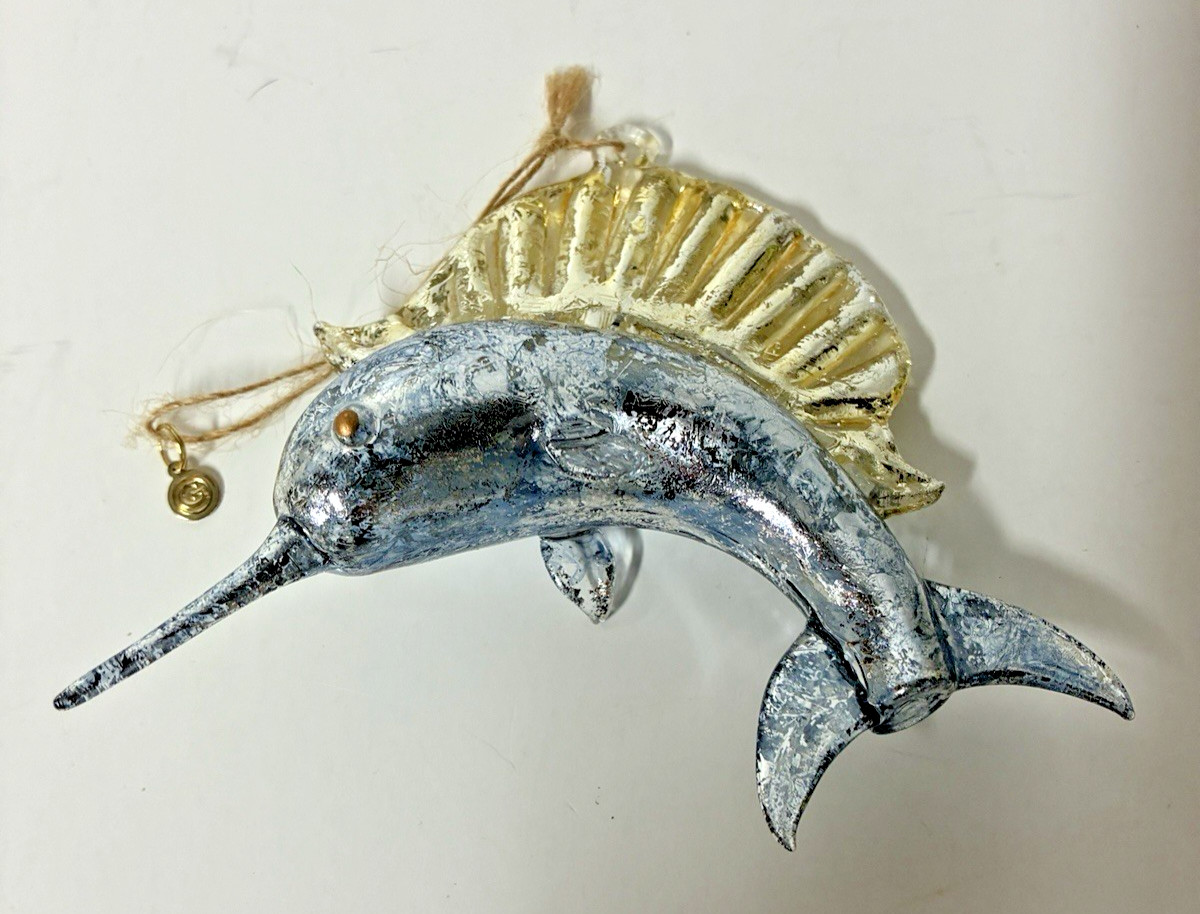 Marlin Fish Ornament Blown Glass Blue & Gold \