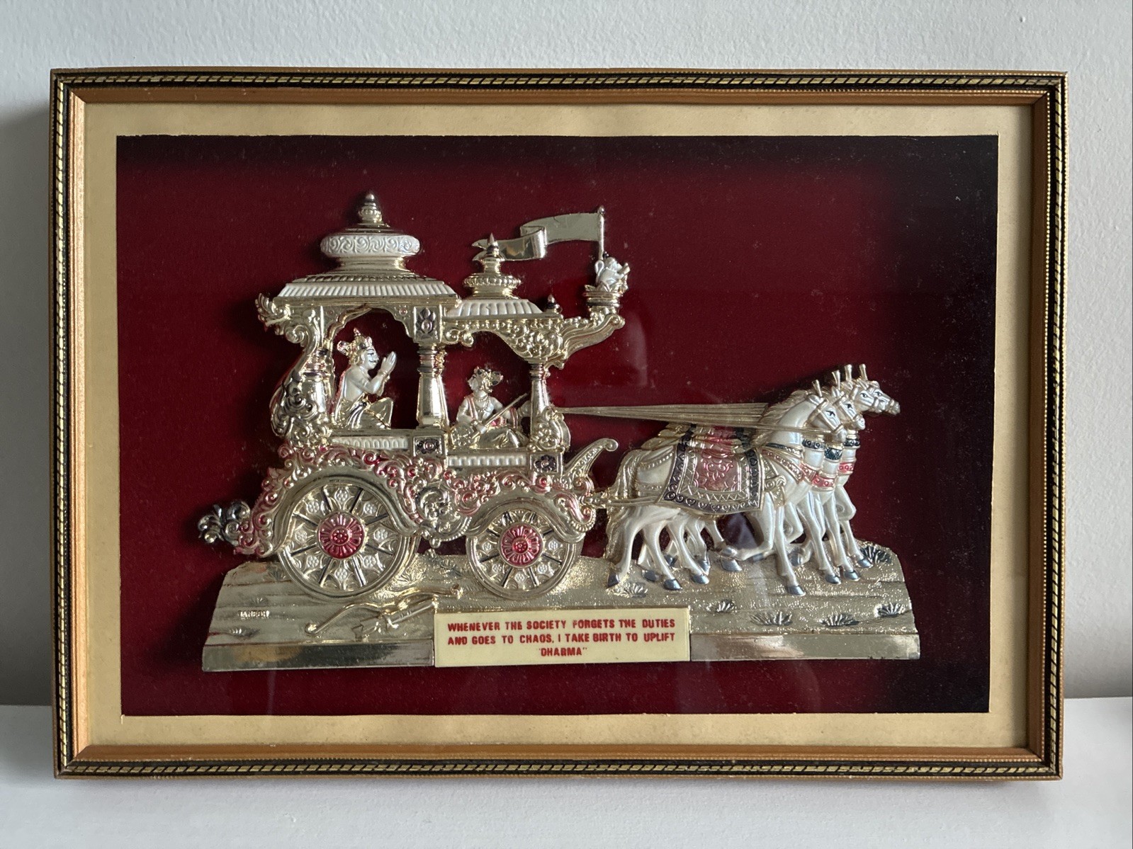 Vintage Indian Krishna Arjuna Chariot 3D Relief Wall Art Framed Hindu Dharma