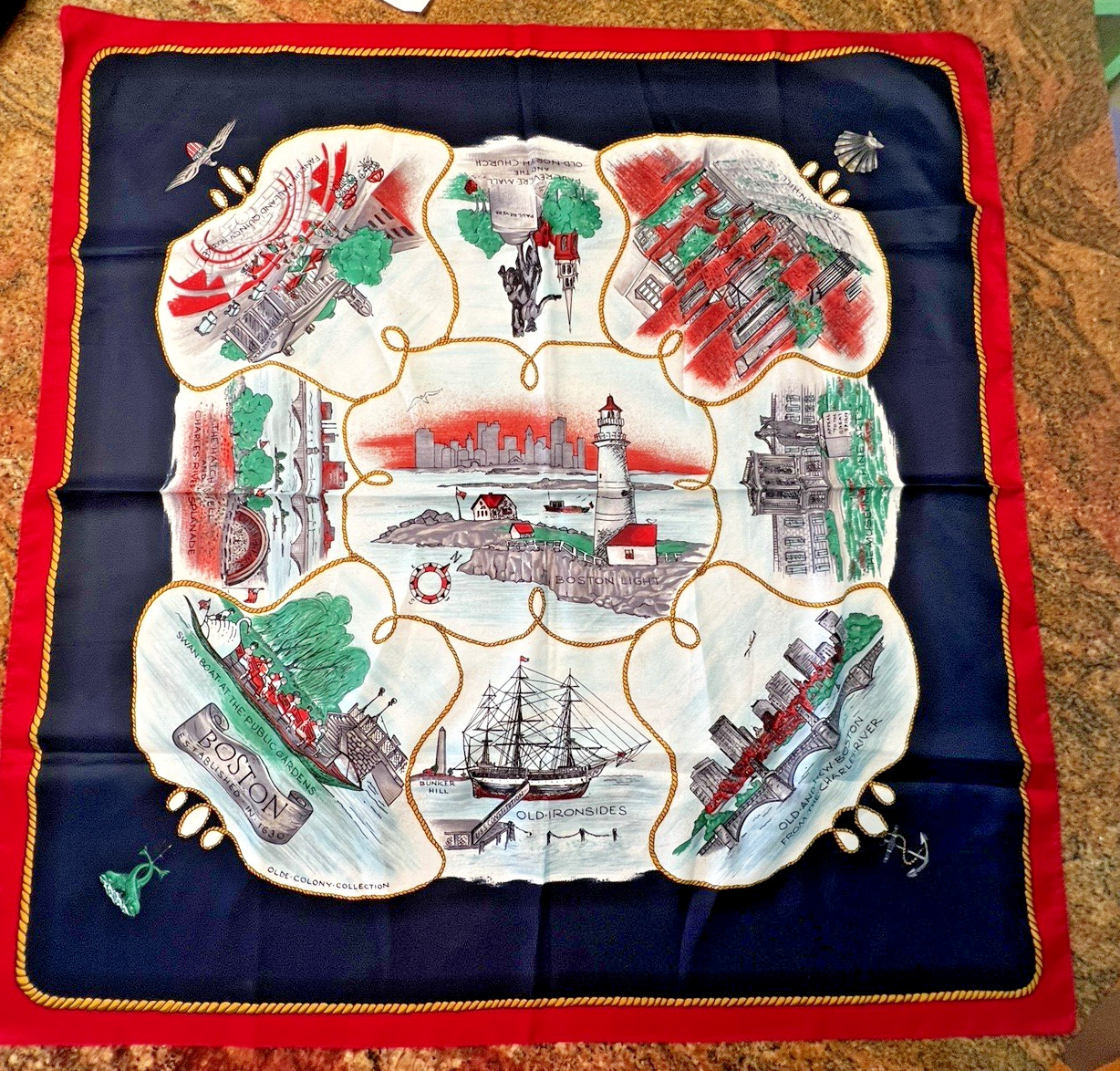 Vintage  1960's Boston MA Souvenir Royal Blue & Red Rayon Square Scarf
