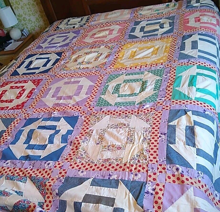Vintage Churn Dash QUILT TOP ONLY Hand Pieced Vibrant Colors 95” X 76” CLEAN QN