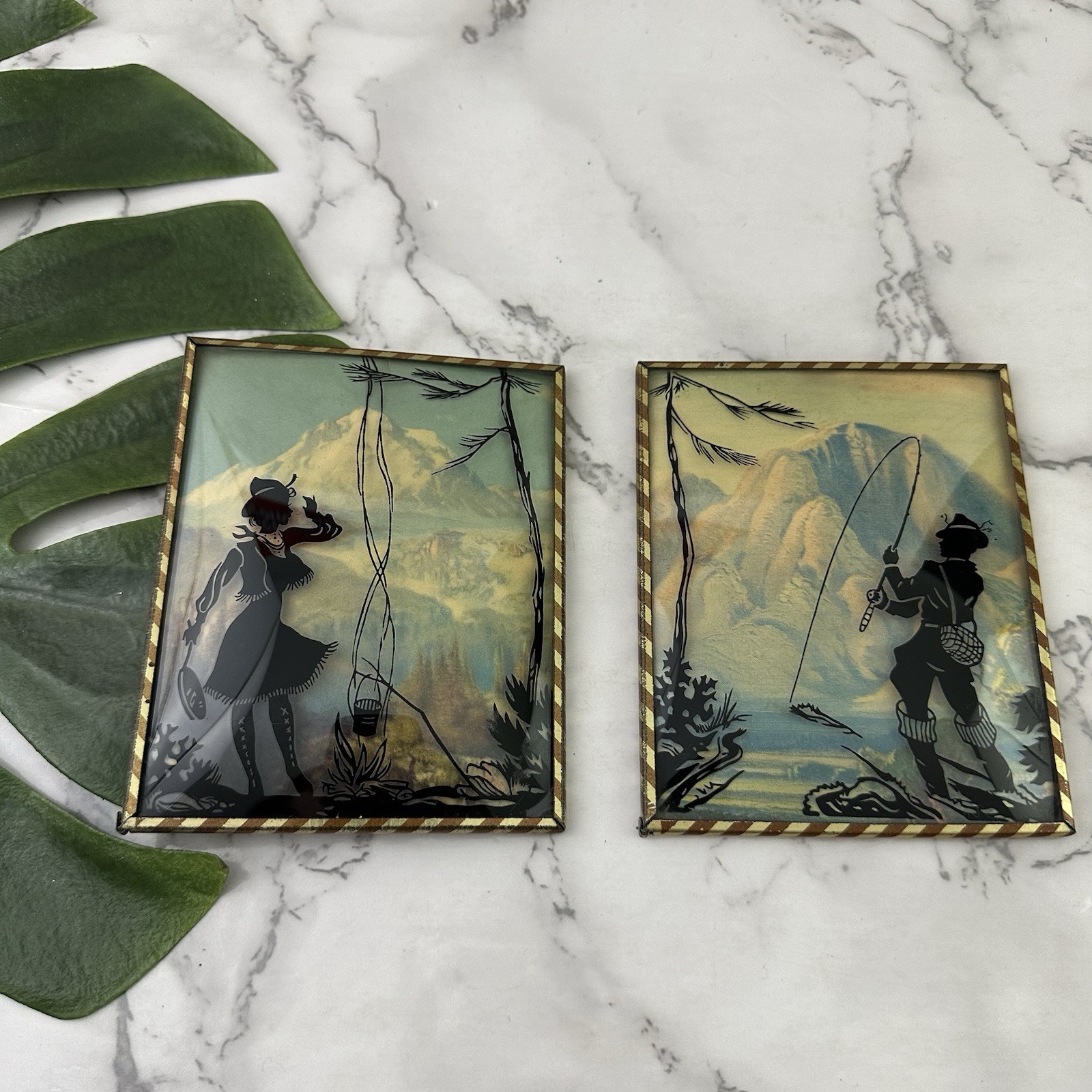 Vintage Mid Century Bubble Silhouette Art Set Pair Fishing Camping Man Woman
