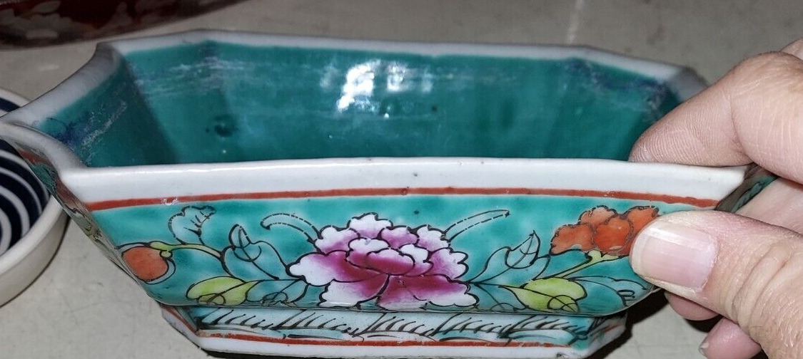 Antique Chinese enamel turquiose floral famille rose bulb planter dish