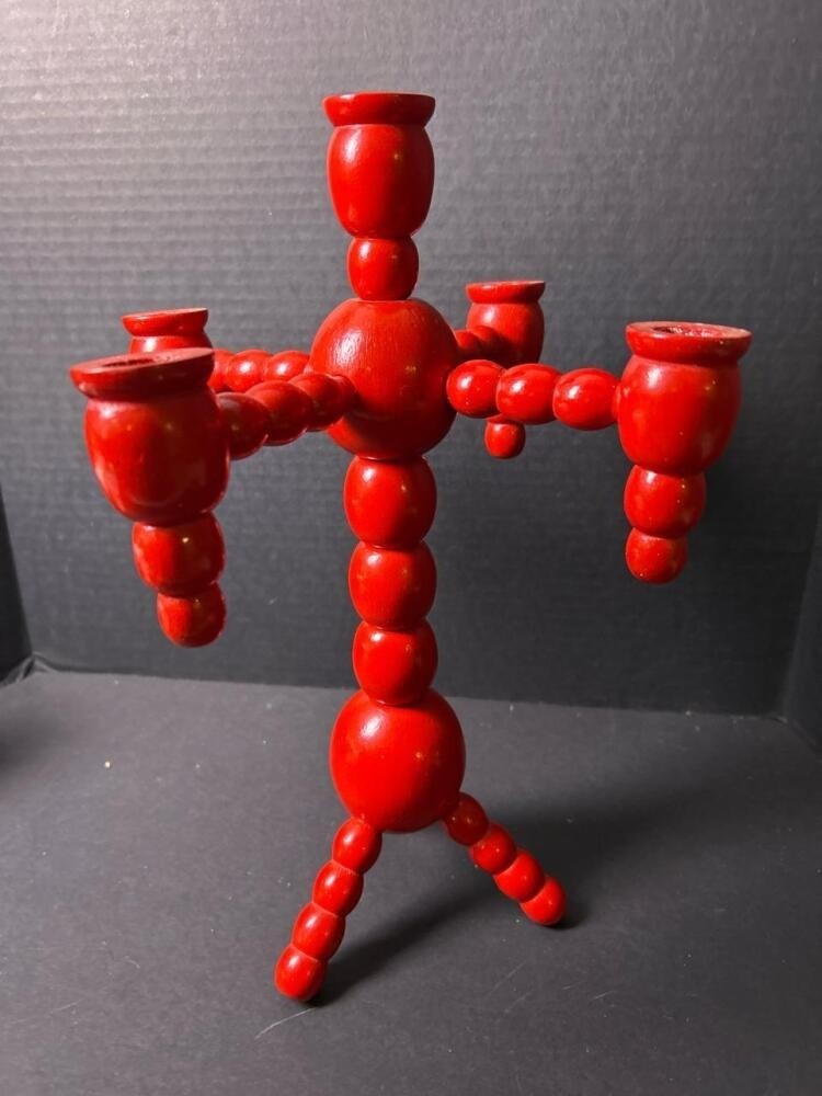Vintage Swedish Red Painted Wood Four-Arm Candleholder Circa 1966