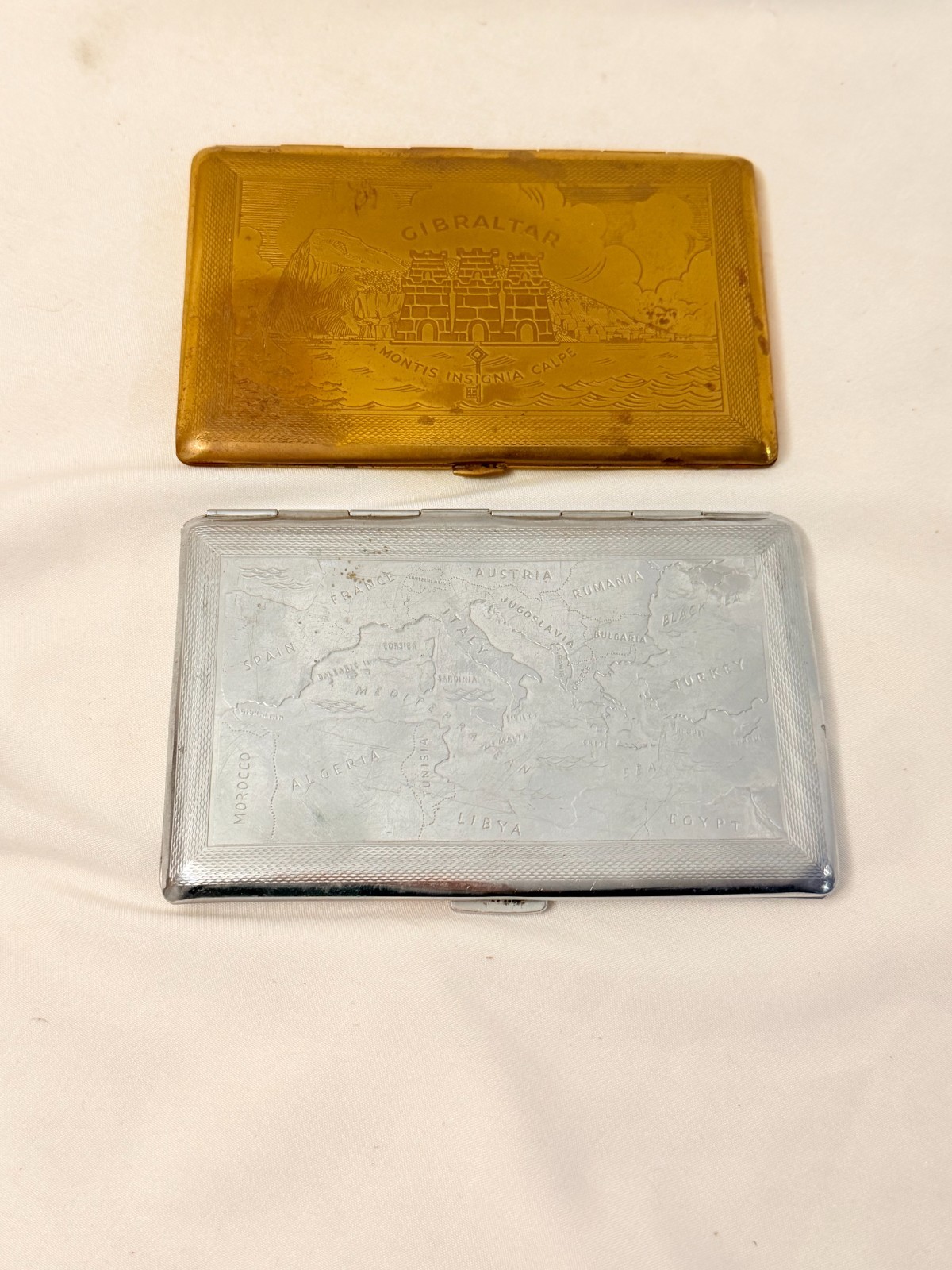Old Vtg Cigarette Tin Metal Holder LOT Of 2 Gibraltar Montis Insignia World Map