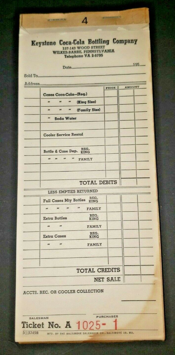 VTG Tall 1940 Keystone Coca Cola Salesman Wilkes Barre Pa Coke Receipt Book  PB3