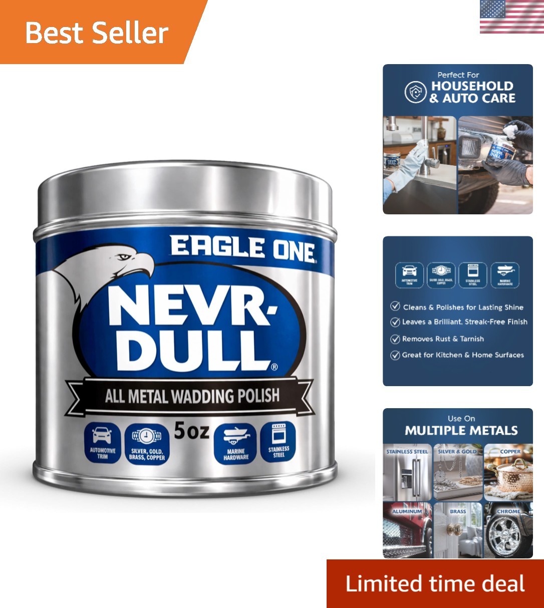 Nevr Dull Metal Polish, Chrome Cleaner, Brass Cleaner, 5 oz Tin Nevr Dull Metal Polish, Chrome Cleaner, Brass Cleaner, 5 oz Tin