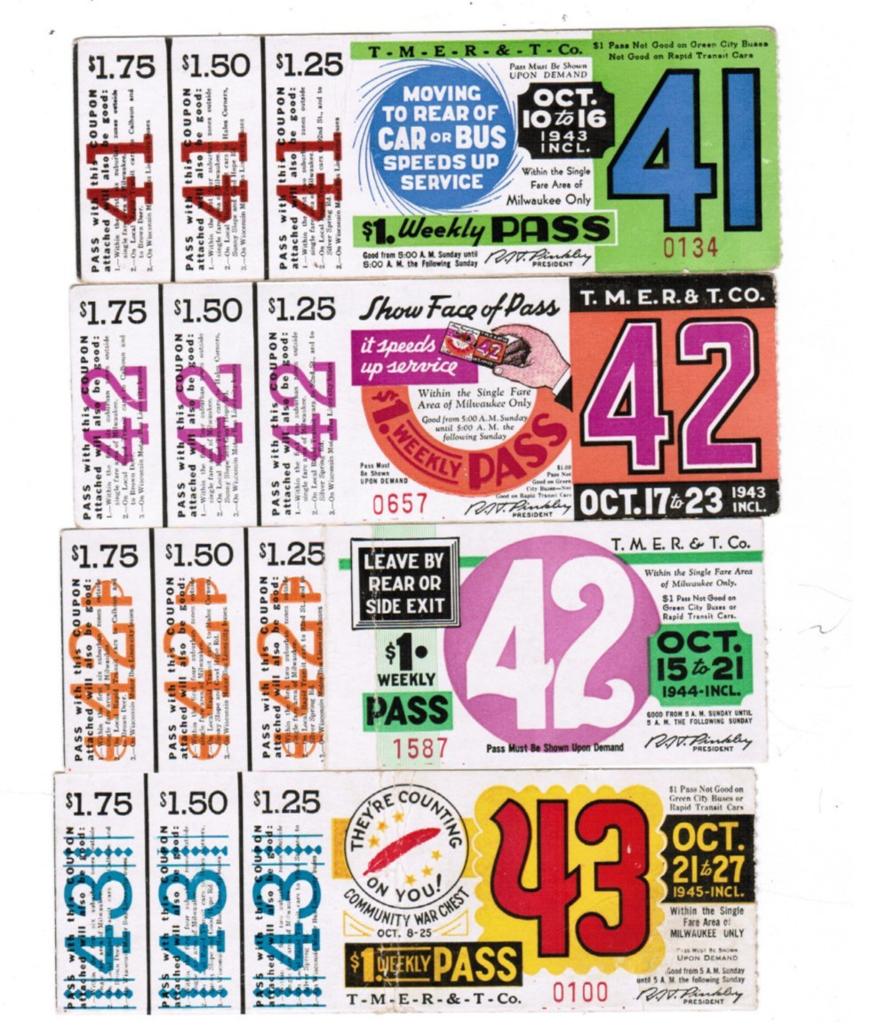 4 Unused Milwaukee Bus TRANSIT TICKETS Passes October 1943 1944 1945 1943