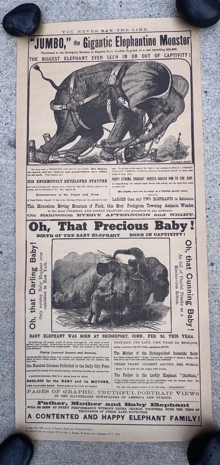 JUMBO Gigantic Elephantine Barnum Bailey & Hutchison Circus Vintage Broadside