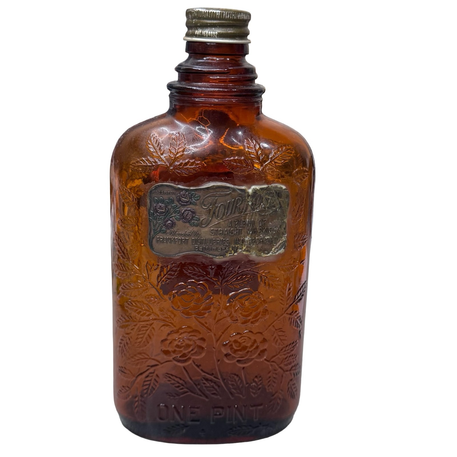 Old Pre Prohibition Four Roses Whiskey Pint Bottle Frankfort KY Distillery Cap