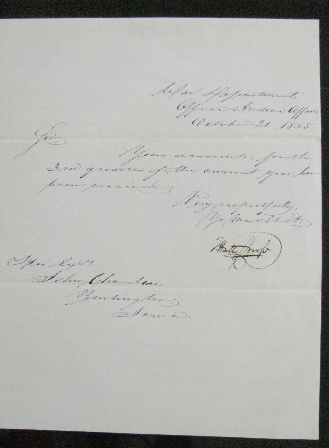 IOWA  TERRITORY  THOMAS H CRAWFORD  INDIAN AFFAIRS LETTER 1845