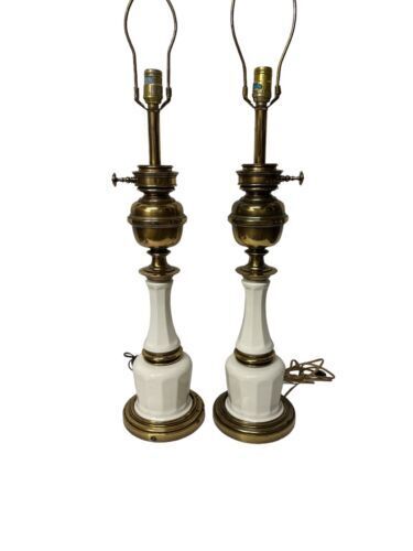 Pair of Vintage MCM Brass And Porcelain Stiffel Tall Table Lamps 1950’s