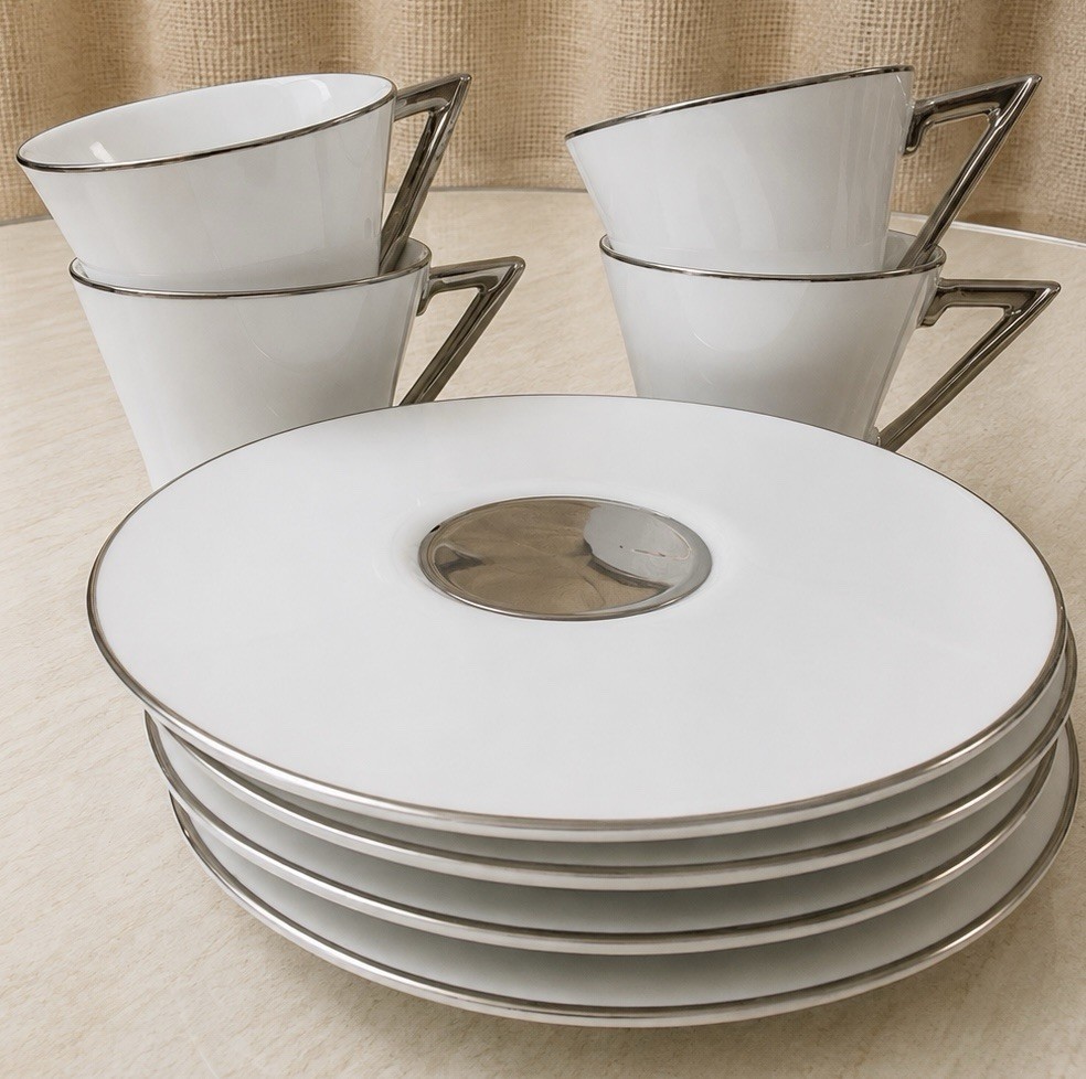 SASAKI Set of Four Akira Patra White Fine China Espresso Cups & Saucers Japan 87