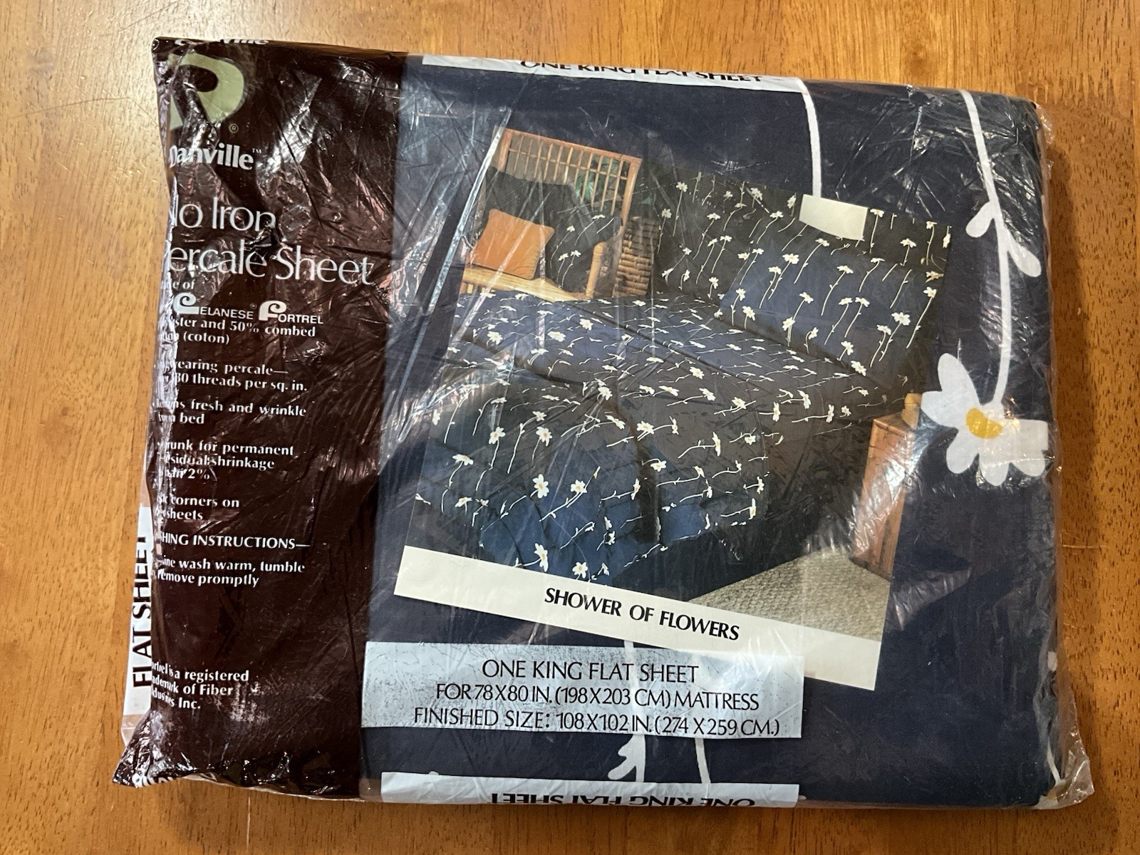 Vtg Danville by Dan River King Flat Sheet Navy Daisy Floral Non Iron 70’s MCM