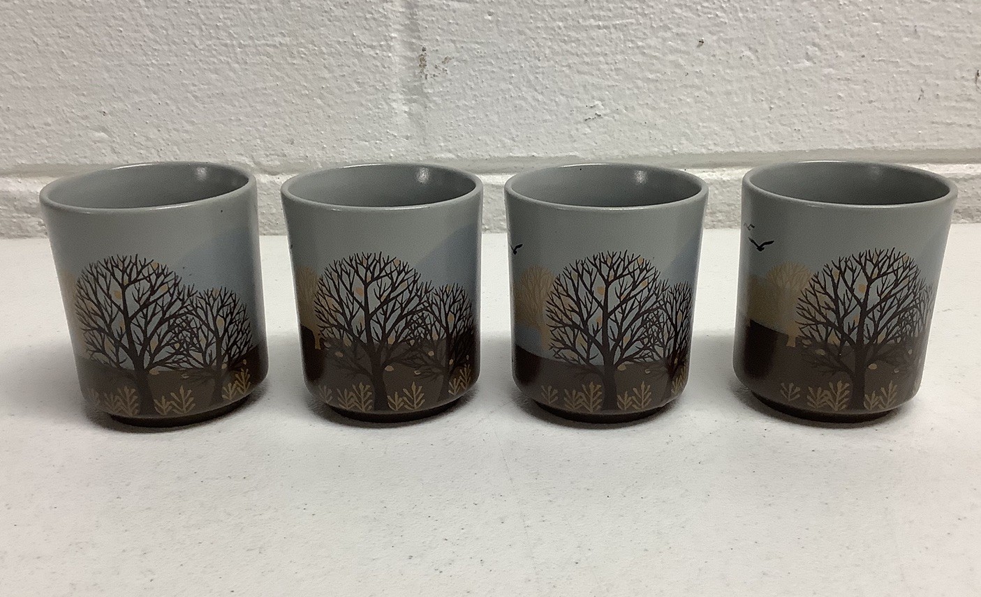 Otagiri Lot of 4 Stoneware Sake/Tea Cups Trees Birds Japan Otagiri Lot of 4 Stoneware Sake/Tea Cups Trees Birds Japan