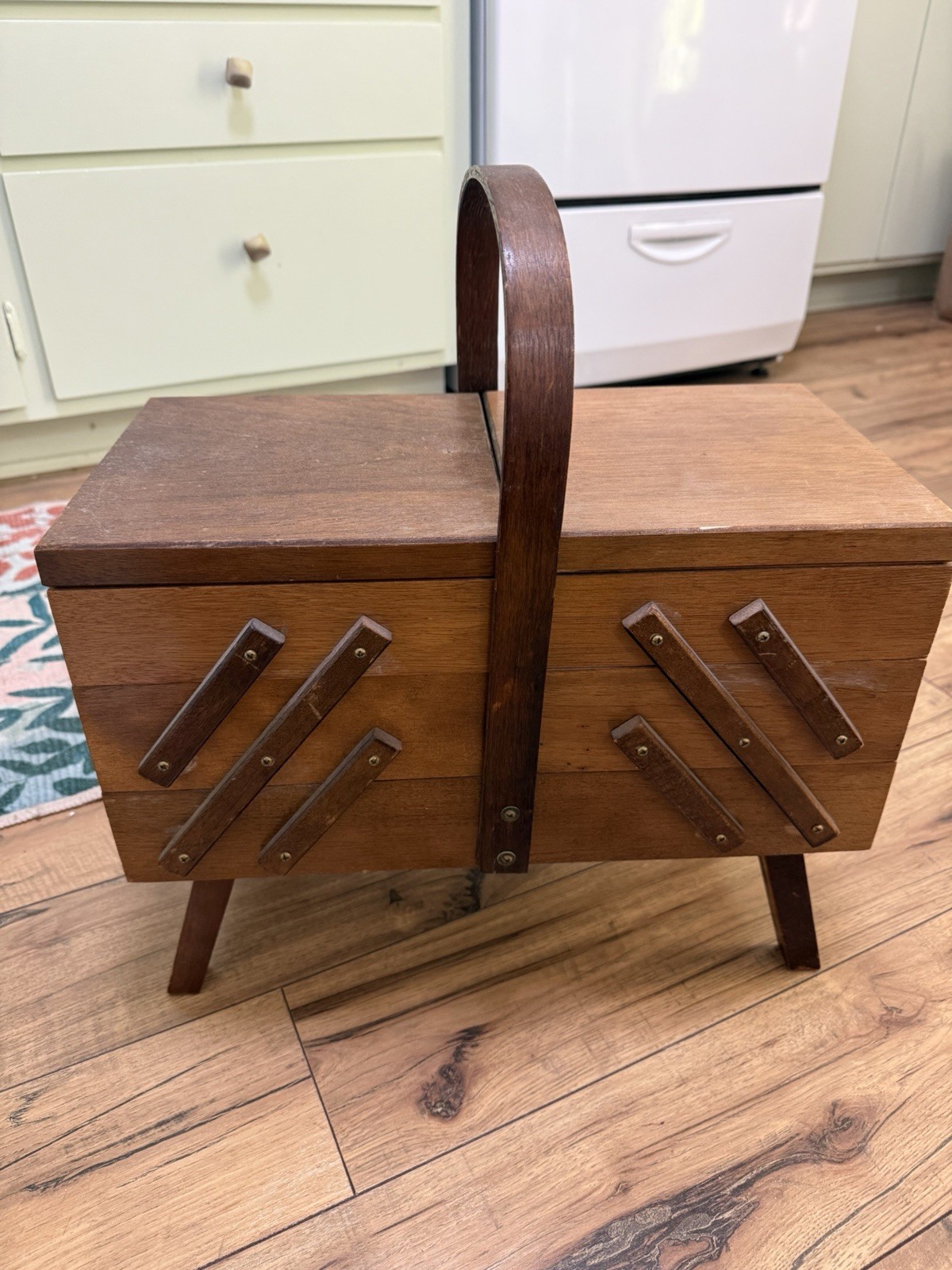 Vintage Accordion Style Wooden Seeing Box With Center Handle