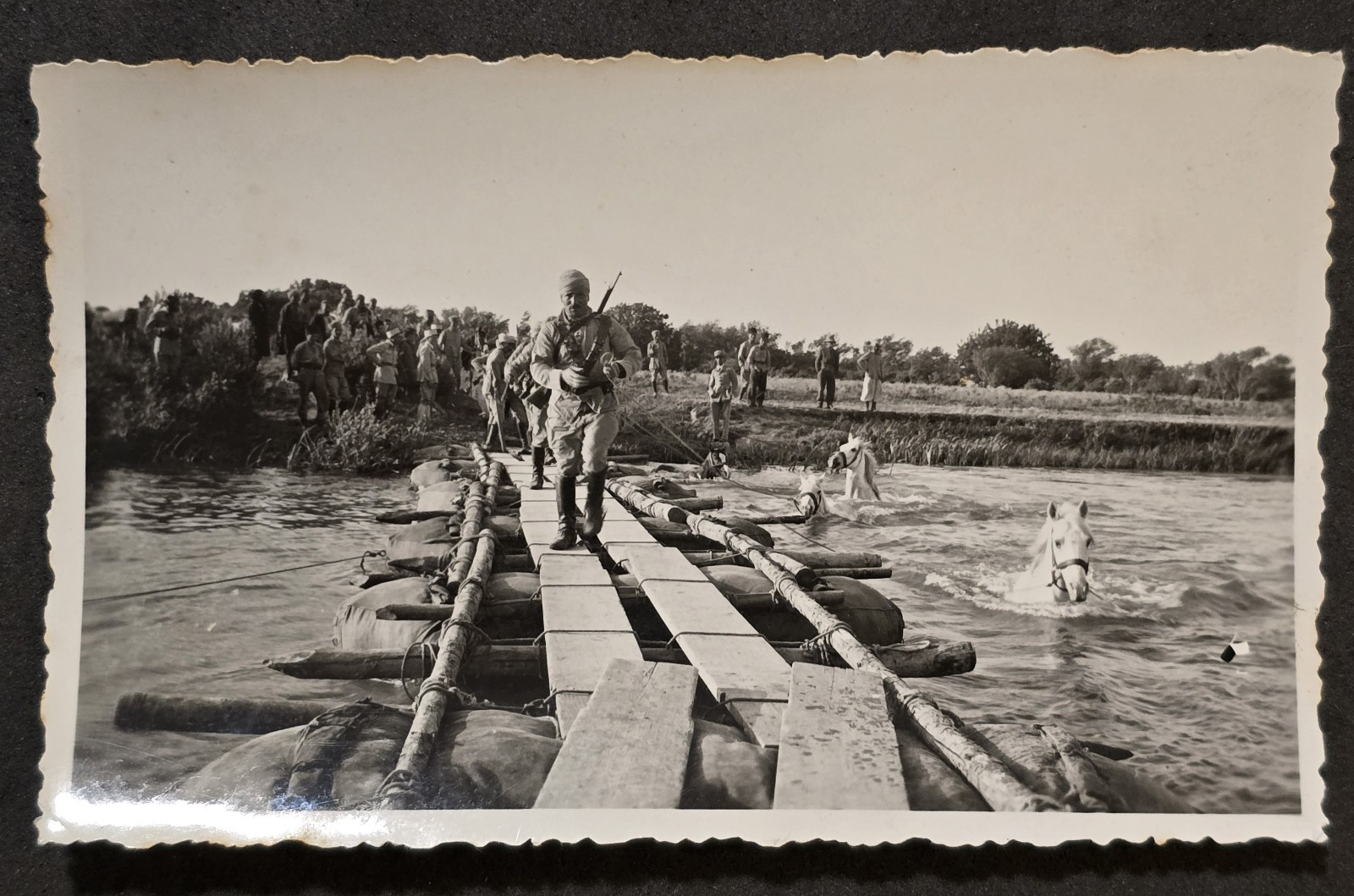 DRAMATIC SCENE France French Soldier Leads Horses River WW2 Military Photo