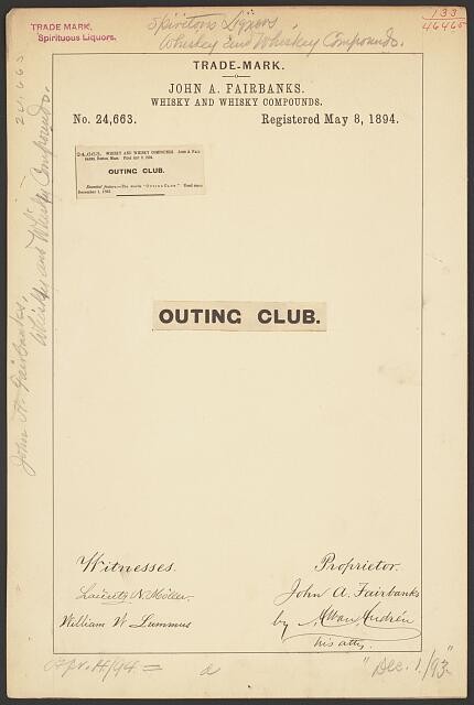 Photo:John A Fairbanks Outing Club Whisky Trademark 1894 Label Proof