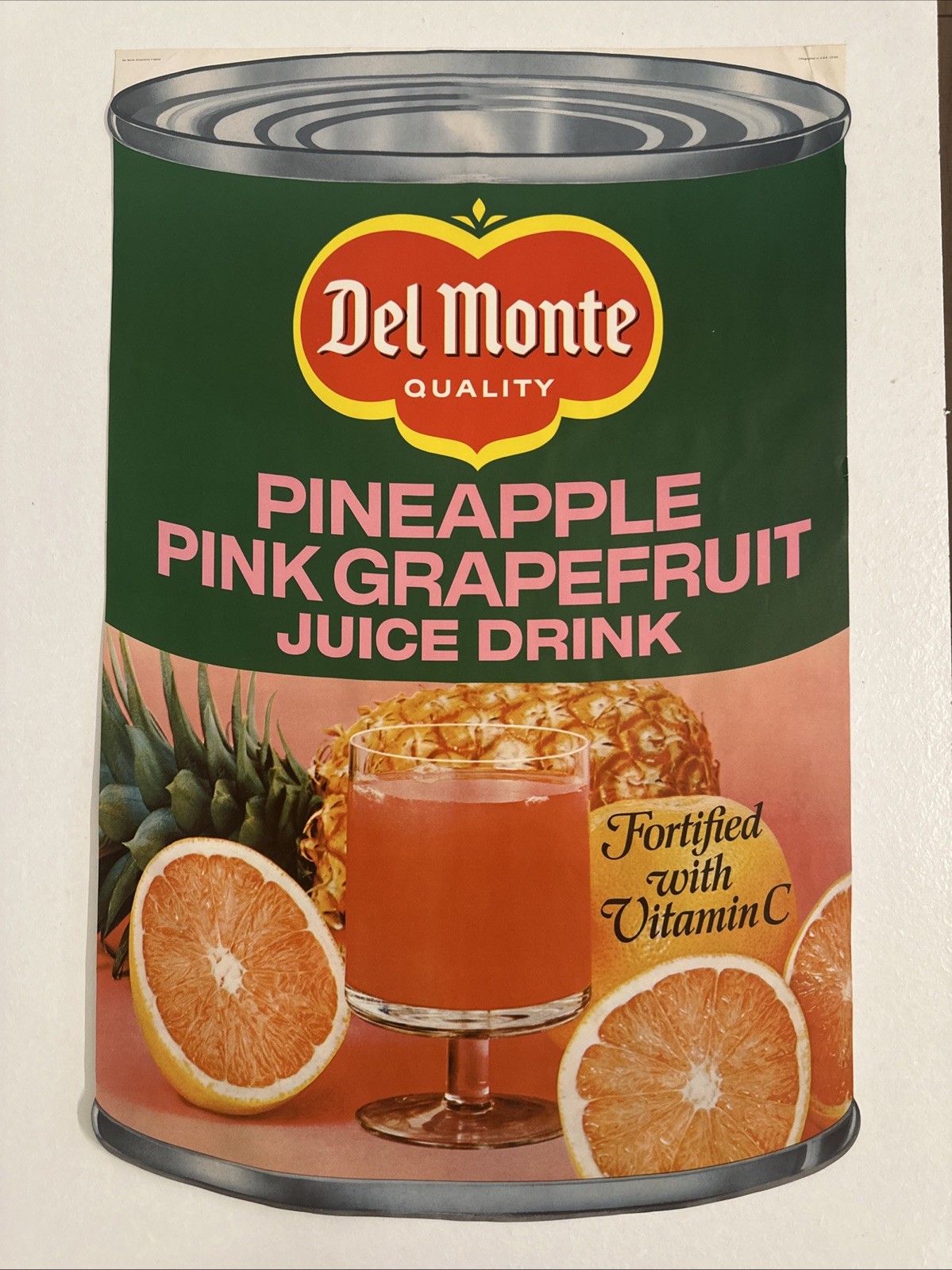 Large Vintage 1950s Lithograph Del Monte Can Double Sided Poster Pineapple Pink